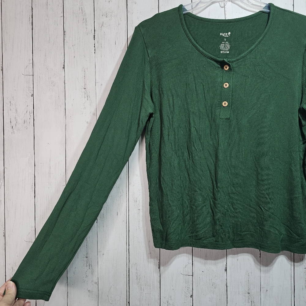 Kyte Baby Women's Green Ribbed Long Sleeve Bamboo Knit Blend Henley Size Large. - Picture 3 of 6